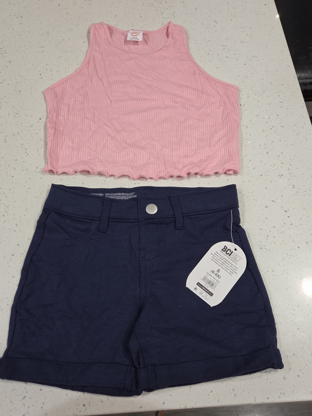 wonder nation Pink Ribbed Tank and Navy Shorts Set
